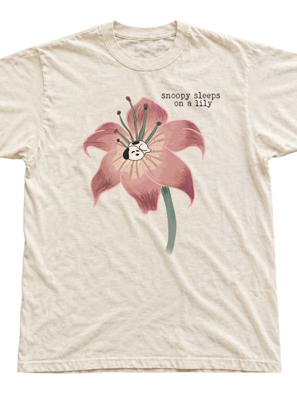Gildan Cream Short-Sleeve Tee with Pink Lily and Snoopy Accent